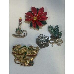 Vintage Lot of 5 Colorful Enamel Christmas Pins Brooches Poinsettia Candle‎ Ark